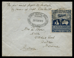 Nov.1919 - Feb.1920 (AAMC.27a) Syria - Australia intermediate flown cover bearing the Ross Smith vignette, attractively tied by one of 2 strikes of the oval "FIRST AERIAL MAIL" handstamp. With faint 3-line cachet in violet and endorsed "Per first aerial flight to Australia by favour of Capt. Ross Smith."