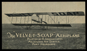 Aug.1920 (AAMC.47c) "Velvet Soap" advertising postcard dropped over Melbourne by R. Graham Carey in his Maurice Farman Shorthorn biplane, as depicted on the card. The reverse of the card shows Carey in the cockpit and an aerial view of the soapworks of J.