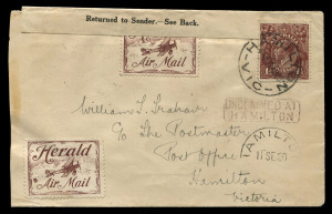 10 Aug.1920 (AAMC.48) Melbourne - Hamilton cover, flown by Captain E.W. Leggatt for The Herald & Weekly Times. A special "Herald Air Mail" vignette in brown was issued; unusually (and apparently uniquely) this cover bears 2 examples of the vignette; one t