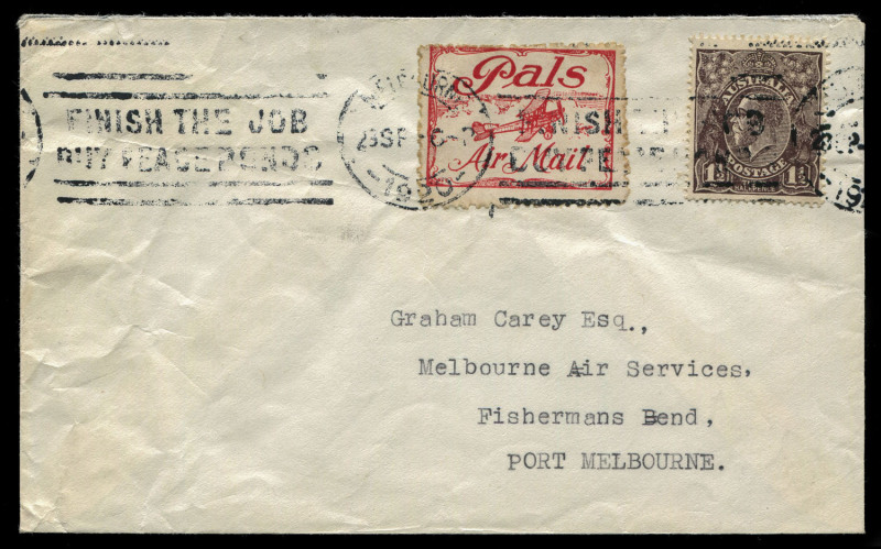 THE UNIQUE "PALS" FLIGHT COVER: 27 Sept.1920 (AAMC.51) Melbourne - Longreach - Melbourne self-addressed cover, flown by R. Graham Carey for The Herald & Weekly Times, to publicise their "Pals" boys magazine. With special red "Pals Air Mail" vignette tied