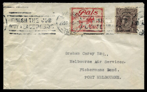 THE UNIQUE "PALS" FLIGHT COVER: 27 Sept.1920 (AAMC.51) Melbourne - Longreach - Melbourne self-addressed cover, flown by R. Graham Carey for The Herald & Weekly Times, to publicise their "Pals" boys magazine. With special red "Pals Air Mail" vignette tied 