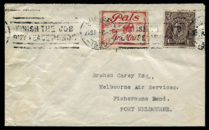 THE UNIQUE "PALS" FLIGHT COVER: 27 Sept.1920 (AAMC.51) Melbourne - Longreach - Melbourne self-addressed cover, flown by R. Graham Carey for The Herald & Weekly Times, to publicise their "Pals" boys magazine. With special red "Pals Air Mail" vignette tied by MELBOURNE roller datestamp. Provenance: Nelson Eustis Gold Medal Collection, March 2008, Lot 61 : $9,320 incl. BP.