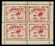 27 Sept.1920 (AAMC.51e; Frommer 4b) "Pals Air Mail" labels, mint sheetlet comprising 4 units surrounded by selvedge on all sides; as issued. Some perf. re-inforcement. Fewer than 4 sheetlets believed to survive.Provenance: The Nelson Eustis Gold Medal Col