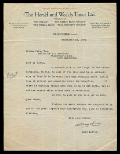 23 Sept.1920 original typed letter on The Herald and Weekly Times Ltd. letterhead, from the News Editor, S. Kingsbury, to Graham Carey, the pilot; "...In connection with the flight of the "Pals" aeroplane.....if there is anything really good send up to 200 words, but do not use urgent wires unless news is sensational..." Provenance: Nelson Eustis