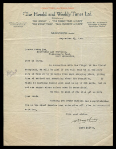 23 Sept.1920 original typed letter on The Herald and Weekly Times Ltd. letterhead, from the News Editor, S. Kingsbury, to Graham Carey, the pilot; "...In connection with the flight of the "Pals" aeroplane.....if there is anything really good send up to 20