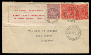 THE FIRST AIRMAIL DELIVERY FLIGHTS BY QANTAS: 2 Nov.1922 (AAMC.65) Charleville - Cloncurry cover, flown by P.J. McGinness and Hudson Fysh on the first Qantas regular air mail service on this route. The first vignette for an air service in Australia, produ