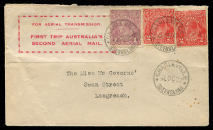 THE FIRST AIRMAIL DELIVERY FLIGHTS BY QANTAS: 2 Nov.1922 (AAMC.65) Charleville - Cloncurry cover, flown by P.J. McGinness and Hudson Fysh on the first Qantas regular air mail service on this route. The first vignette for an air service in Australia, produced by QANTAS, is affixed at upper left and is tied by the KGV 1d adhesive and postmark, with 2d (x2) additional adhesives alongside. Extremely scarce and a "foundation" piece in any serious collection of Australian pioneer aerophilately. Prov