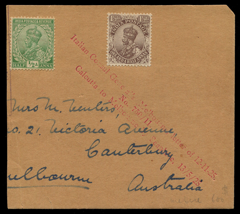 April - May 1925 (AAMC.78a) Calcutta - Australia (Melbourne) cover (half) carried by Francesco de Pinedo and Ernesto Campanelli on the final legs of their flight from Rome in an SIAI flying boat. [1 of 51 for Melbourne]. NB: Due to a disagreement with the