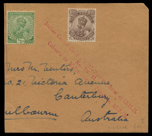 April - May 1925 (AAMC.78a) Calcutta - Australia (Melbourne) cover (half) carried by Francesco de Pinedo and Ernesto Campanelli on the final legs of their flight from Rome in an SIAI flying boat. [1 of 51 for Melbourne]. NB: Due to a disagreement with the