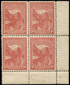 1905 (SG.250d) 1d Rose Red Pictorial on Crown A paper, compound perf. 11 x 12; perforated in Hobart . A lower right corner Mint blk. of (4). Cat.£640.