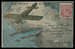 6 August (AAMC.20) Adelaide - Minlaton, special postcard [#35] carried by Captain Harry Butler in his Bristol monoplane, the "Red Devil"; reverse with photo of Butler, printed message and printed signature. Provenance: The Nelson Eustis Gold Medal Collec
