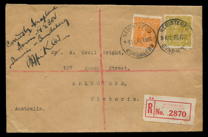 22 Feb.1928 (AAMC.119) Darwin - Bundaberg registered cover, flown by Bert Hinkler and endorsed by him "Carried by Aeroplane Avian G-EBOV Darwin - Bundaberg" followed by his signature. He arrived at Bundaberg, his home-town on February 27th and all covers