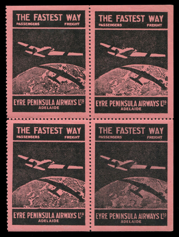 Oct.1929 (AAMC.145b) Eyre Peninsula Airways Ltd vignette (black on pink), block.(4). Extremely rare in multiples. Cat.$750. Provenace: The Nelson Eustis Gold Medal Collection, Leski Auctions, March 2008.