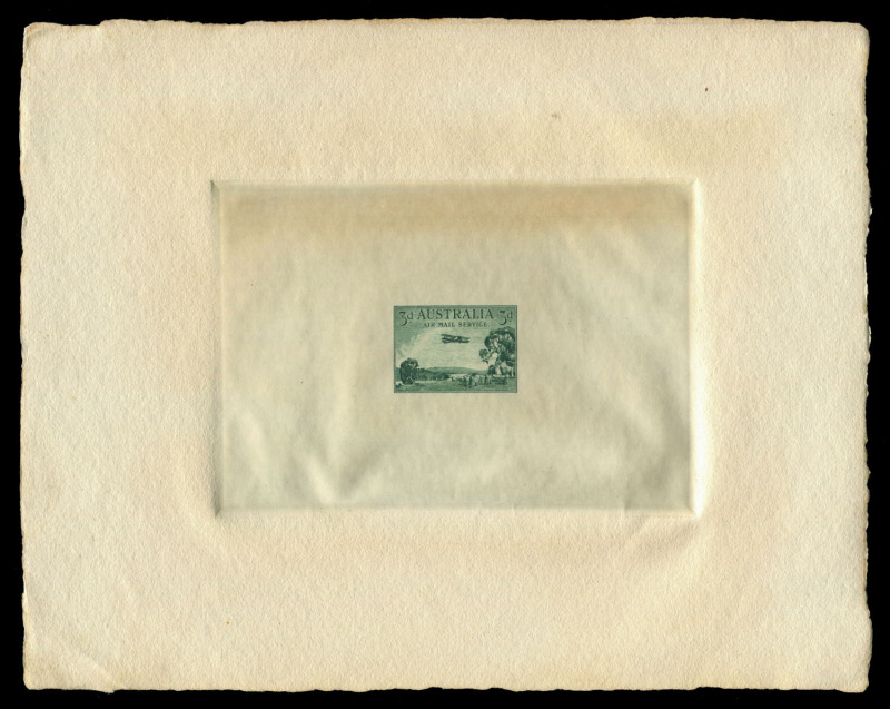 1929 3d Green Airmail: Presentation Die Proof in the issued colour, on thick stock, 215 x 167mm. One of 12 produced from a special 1-on plate for presentation to the six members of the stamp design committee as well as associated dignitaries. [AAMC.163f;