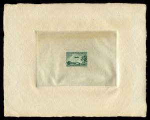 1929 3d Green Airmail: Presentation Die Proof in the issued colour, on thick stock, 215 x 167mm. One of 12 produced from a special 1-on plate for presentation to the six members of the stamp design committee as well as associated dignitaries. [AAMC.163f; 