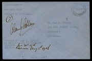June - August 1926 (AAMC.95) London - Melbourne cover, flown, signed and endorsed by Alan Cobham on the epic flight in his DH50 seaplane; postmarked in Darwin before onwards carriage to Melbourne. Accompanied by a signed note from Cobham, date-lined "New