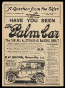 May 1921 (AAMC.52a) A "Palm Car" advertising leaflet dropped by Graham Carey, "Special Aerial Representative of Palm Cars", printed by Riall Bros, Port Melbourne. 32 x 23cm. Provenance: Nelson Eustis Gold Medal Collection, March 2003, Lot 67 : $1,515 inc