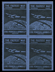 Oct.1929 (AAMC.145b) Eyre Peninsula Airways Ltd vignette (black on deep blue), block (4). Very fine Unused. Extremely rare multiple. Cat.$750. Provenace: The Nelson Eustis Gold Medal Collection, Leski Auctions, March 2008.