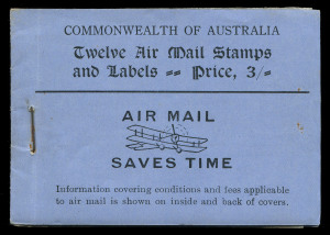 1930 (AAMC.163c) 3d Green airmail stamp, complete booklet of 12 stamps + 12 airmail labels; covers black on bright violet-blue with "AIR MAIL SAVES TIME" on front. Unusually fresh. The Australian 3d green airmail stamp issued on 20 May 1929 was later mad