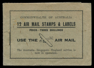 1930 (AAMC.163e) 3d Green Airmail stamp, complete booklet of 12 stamps + 12 airmail labels; covers black on pale green with "USE THE AIR MAIL" on front. Unusually fresh. The Australian 3d green airmail stamp issued on 20 May 1929 was later made available in booklets of 12 stamps. This cover design and wording was used after July 1935 to include reference to the Australia - Singapore - England Airmail Service although a very small number of these survive intact today.