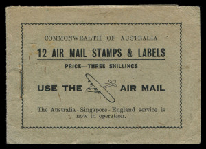 1930 (AAMC.163e) 3d Green Airmail stamp, complete booklet of 12 stamps + 12 airmail labels; covers black on pale green with "USE THE AIR MAIL" on front. Unusually fresh. The Australian 3d green airmail stamp issued on 20 May 1929 was later made available
