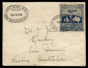 Nov.19 - Feb.20 (AAMC.27) England - Australia flown cover bearing a fine example of the Ross Smith vignette, tied by one of 2 bold strikes of the oval datestamp. Addressed to Mrs J. Jones, Ejanding, Via Dowerin, Western Australia and listed by Frommer as 