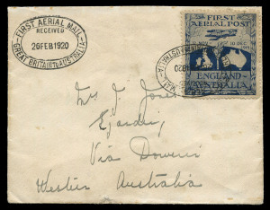 Nov.19 - Feb.20 (AAMC.27) England - Australia flown cover bearing a fine example of the Ross Smith vignette, tied by one of 2 bold strikes of the oval datestamp. Addressed to Mrs J. Jones, Ejanding, Via Dowerin, Western Australia and listed by Frommer as #171. On an annotated page. Provenance: Lucien Toutounji