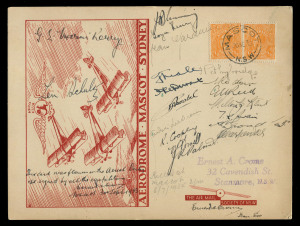 30 Sept.1933 (AAMC.331) Mascot Aerial Derby, large souvenir postcard signed by all the competing aviators; with official yellow vignette on reverse. [Only 50 prepared]. Signatures include Jean Gardiner, J.R.Palmer, H. Broadbent, Frank Neale. AAMC:$550. Fa