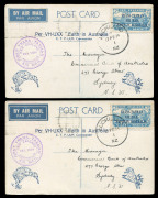 17 Feb.1934 (AAMC.361) New Zealand - Australia first official mail carried in the "Faith in Australia", on retained postal cards from the 3rd & 4th Dec.1933 flight, signed by C.T.P. Ulm & G.U. Allen. Two examples on an exhibit page displaying the front an