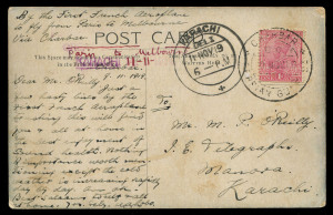 14 Oct.1919 (AAMC.25b) postcard from Chahbar on the Persian Gulf to Karachi, flown by Poulet & Benoist in their Caudron G4 "La Mouche" with cachet 'FIRST THROUGH AERIAL MAIL / GREAT BRITAIN TO INDIA / KARACHI 14.10.1919' in violet, with amendment in red i