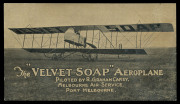 Aug.1920 (AAMC.47c) "Velvet Soap" advertising postcard dropped over Melbourne by R. Graham Carey in his Maurice Farman Shorthorn biplane, as depicted on the card. The reverse of the card shows Carey in the cockpit and an aerial view of the soapworks of J. - 2