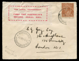 5 Nov.1922 (AAMC.66) Cloncurry - Charleville cover flown by QANTAS on the first return airmail delivery flight over this route and bearing the extremely rare "FOR AERIAL TRANSMISSION" red on white vignette. Flown by Hudson Fysh (Cloncurry - Longreach) and