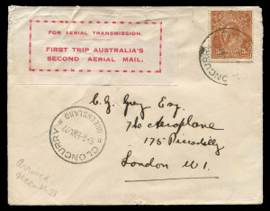 5 Nov.1922 (AAMC.66) Cloncurry - Charleville cover flown by QANTAS on the first return airmail delivery flight over this route and bearing the extremely rare "FOR AERIAL TRANSMISSION" red on white vignette. Flown by Hudson Fysh (Cloncurry - Longreach) and P.J. McGinness (Longreach - Charleville) and addressed to C.G.Grey, editor of "The Aeroplane" in London. Of the approximately 15 covers known from these inaugural Qantas flights, 2 are recorded to N.Z. addresses and this one to G.B.