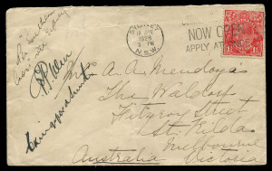 A RARE COVER FROM THE FIRST TRANS-PACIFIC FLIGHT: 8 June 1928 (AAMC.122b) Naselai Sands, Fiji - Eagle Farm, Brisbane cover flown by Kingsford Smith with Ulm, Lyon & Warner, on their epic trans - Pacific flight via Hawaii and Fiji in the 'Southern Cross', posted and cancelled in Sydney during the week after their arrival. The cover is signed by Kingsford Smith & the relief pilot Charles Ulm & is endorsed on reverse "From Mrs H.Marks" (Lady Mayoress of Suva) is one of only 6 carried on this leg