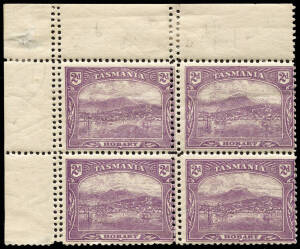 1907 (SG.251b) 2d Plum Pictorial corner blk of (4) with double perfs. gauging 11 on both vertical rows. Stamps MUH.