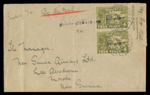 NEW GUINEA - Aerophilately & Flight Covers: 28 June 1928 (AAMC.P12a) Edie Creek - Wau - Lae cover, flown and signed by pilot Alan Cross for Guinea Airways in a Junkers J-34. Two 4d Huts with typed "BY AIR" overprints tied by EDIE CREEK cds's and scarce "G