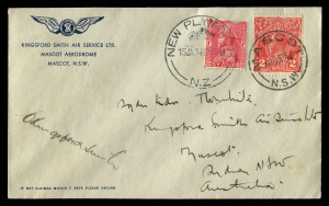 13 Jan. 1934 (AAMC.350) Mascot - New Plymouth Kingsford Smith Air Services cover with KGV 2d tied by 'MASCOT/NSW' cds & NZ 1d tied by 'NEW PLYMOUTH' cds on arrival, signed by the pilot "C Kingsford Smith", Cat $650+.