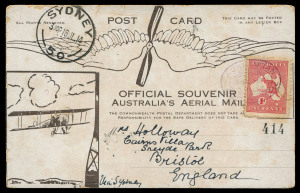 16 July 1914 (AAMC.3) Melbourne - Sydney Maurice Guillaux Official Souvenir PPC flown on first Australian official airmail with 1d Roo tied 'AUSTRALIAN/MELBOURNE/16-JUL-1914/VIC/AERIAL MAIL' d/s and 'SYDNEY/18JL14/64' arrival alongside. Cat $750.