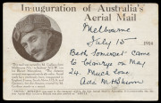 16 July 1914 (AAMC.3) Melbourne - Sydney Maurice Guillaux Official Souvenir PPC flown on first Australian official airmail with 1d Roo tied 'AUSTRALIAN/MELBOURNE/16-JUL-1914/VIC/AERIAL MAIL' d/s and 'SYDNEY/18JL14/64' arrival alongside. Cat $750. - 2