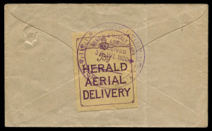 30 July 1920 (AAMC.47) Melbourne - Traralgon KGV 1½d brown 'Star' Envelope cancelled on arrival with 'TRARALGON/30JL20/VIC' cds, purple/yellow 'By Herald Aerial Delivery' vignette tied to the reverse by 'HERALD & WEEKLY TIMES/RECEIVED/30JUL1920' office ti