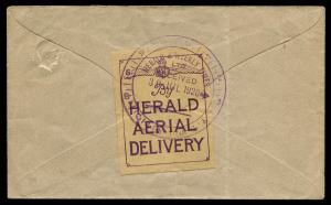 30 July 1920 (AAMC.47) Melbourne - Traralgon KGV 1½d brown 'Star' Envelope cancelled on arrival with 'TRARALGON/30JL20/VIC' cds, purple/yellow 'By Herald Aerial Delivery' vignette tied to the reverse by 'HERALD & WEEKLY TIMES/RECEIVED/30JUL1920' office time-clock d/s, Cat $2000.