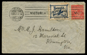 17 April 1922 (AAMC.64) Geelong - Melbourne flown cover carried on the return flight of the Herald & Weekly Times experimental service with KGV 2d red and blue 'Herald/Air Mail' label (Frommer #5a) affixed alongside; tied by Geelong machine cancel. Cat $1