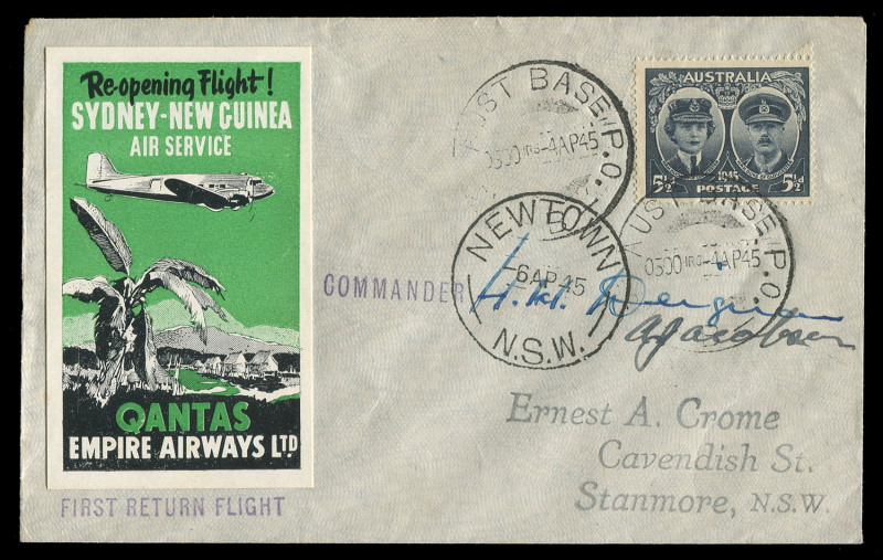 4 April 1945 (AAMC.1003) Lae (New Guinea) to Sydney flown cover, carried for QANTAS and signed by the pilots, H.H. Deignan & A. Jacobson on the DC3 re-opening service following the defeat of Japan in the Pacific. Cat.$275.