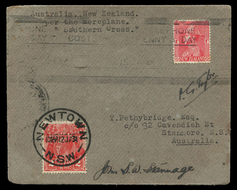 KINGSFORD SMITH'S THIRD CROSSING OF THE TASMAN: 13 Jan.1934 (AAMC.350) Australia to New Zealand cover, flown by Kingsford Smith in the famous "Southern Cross"; and signed by his crew members, John Stannage & P.G. Taylor. Accompanied by a March 1934 (AAMC.