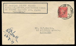 22 July 1939 (AAMC.874) Adelaide - Darwin - Dili (Timor) - Adelaide flown cover, carried aboard the Guinea Airways survey flight to Portuguese Timor; this example signed by the on-board radio operator, E.D.Scott. Very few covers flown; all were addressed to Nelson Eustis. Cat.$300.