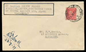 22 July 1939 (AAMC.874) Adelaide - Darwin - Dili (Timor) - Adelaide flown cover, carried aboard the Guinea Airways survey flight to Portuguese Timor; this example signed by the on-board radio operator, E.D.Scott. Very few covers flown; all were addressed 