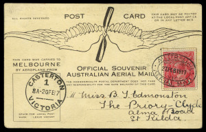 20-27 February 1917 (AAMC.13) Casterton to Melbourne flown souvenir card, carried by Basil Watson in his home-built bi-plane. With a delightful hand-wrirren message referring to Watson's flying exhibition and the fact that the writer has taken a "snap" of