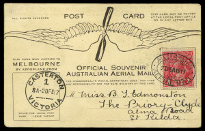 20-27 February 1917 (AAMC.13) Casterton to Melbourne flown souvenir card, carried by Basil Watson in his home-built bi-plane. With a delightful hand-wrirren message referring to Watson's flying exhibition and the fact that the writer has taken a "snap" of him. Unusually fine condition. Cat.$600.