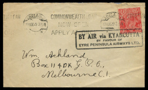 19 Nov.1929 (AAMC.145) Streaky Bay - Adelaide cover, flown for Eyre Peninsula Airways Ltd. flown via Kyancutta with special boxed cachet. Cat.$550.