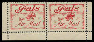 Sept. 1920 (AAMC.51c) "Pals" Air Mail vignettes; a horizontal pair with selvedge at sides and base and full gum. Multiples are scarce. (2) Cat.$400+